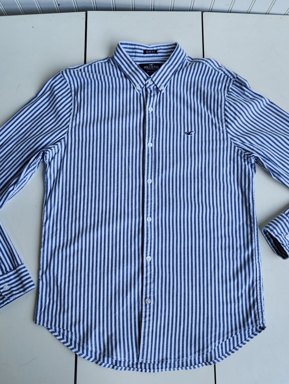 Hollister Mens Blue White Striped Shirt Epic Flex Slim Fit Stretch Long Sleeve M